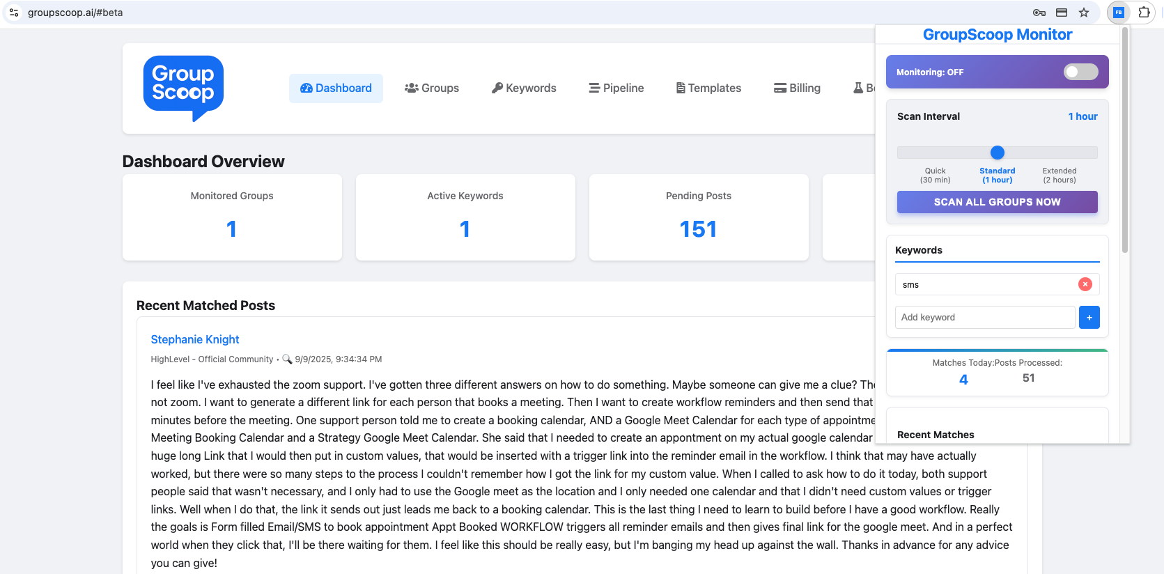 Extension panel in the app